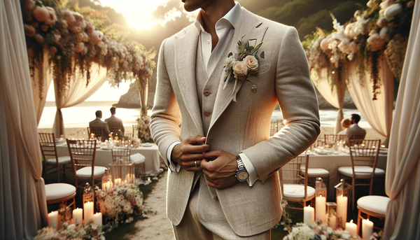 A close-up of a groom's attire at a beachside wedding showcases Moda London's designer cufflinks, adding a touch of sophistication to the luxurious linen suit, with the intricate details symbolizing refined elegance for the discerning gentleman.