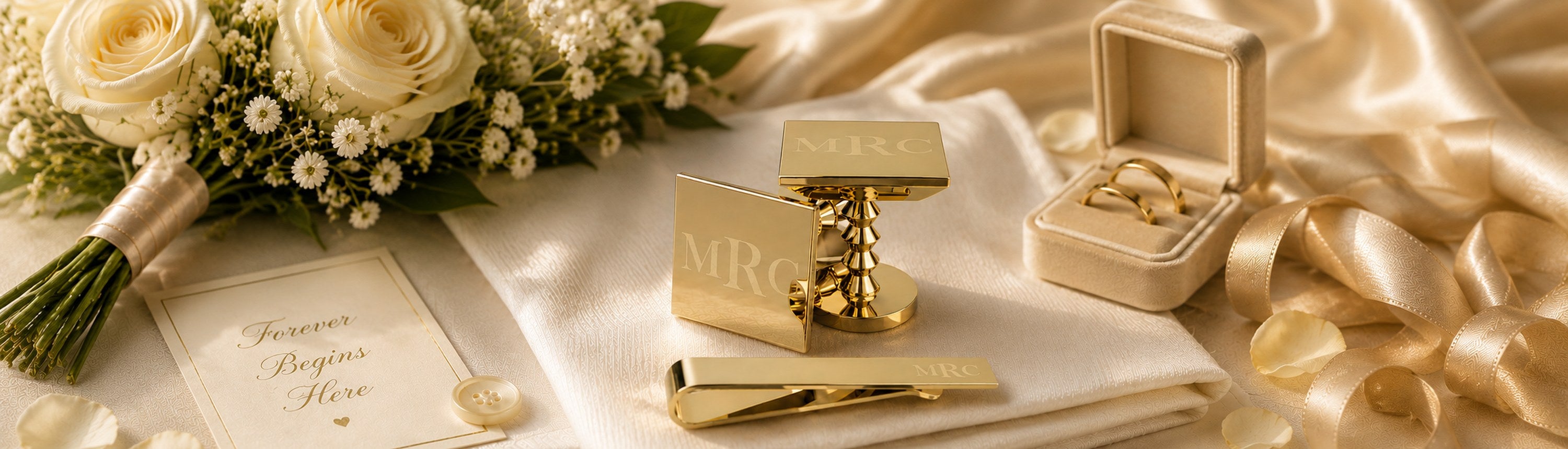 Personalised gold wedding cufflinks and tie clip gift set engraved with initials, styled with wedding rings and stationery