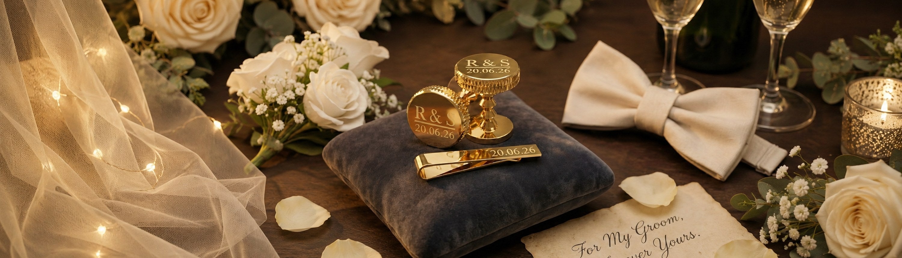 Personalised gold cufflinks and tie clip for the groom engraved with initials and wedding date on a velvet ring cushion