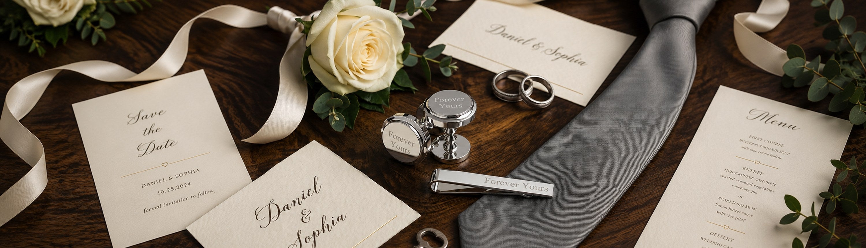 Personalised silver wedding cufflinks and tie clip gift set engraved for the wedding day, with wedding stationery and roses