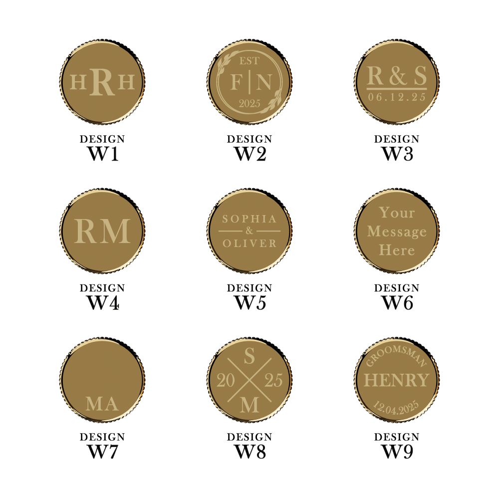 Nine exclusive wedding engraving designs shown as chart with clear labels