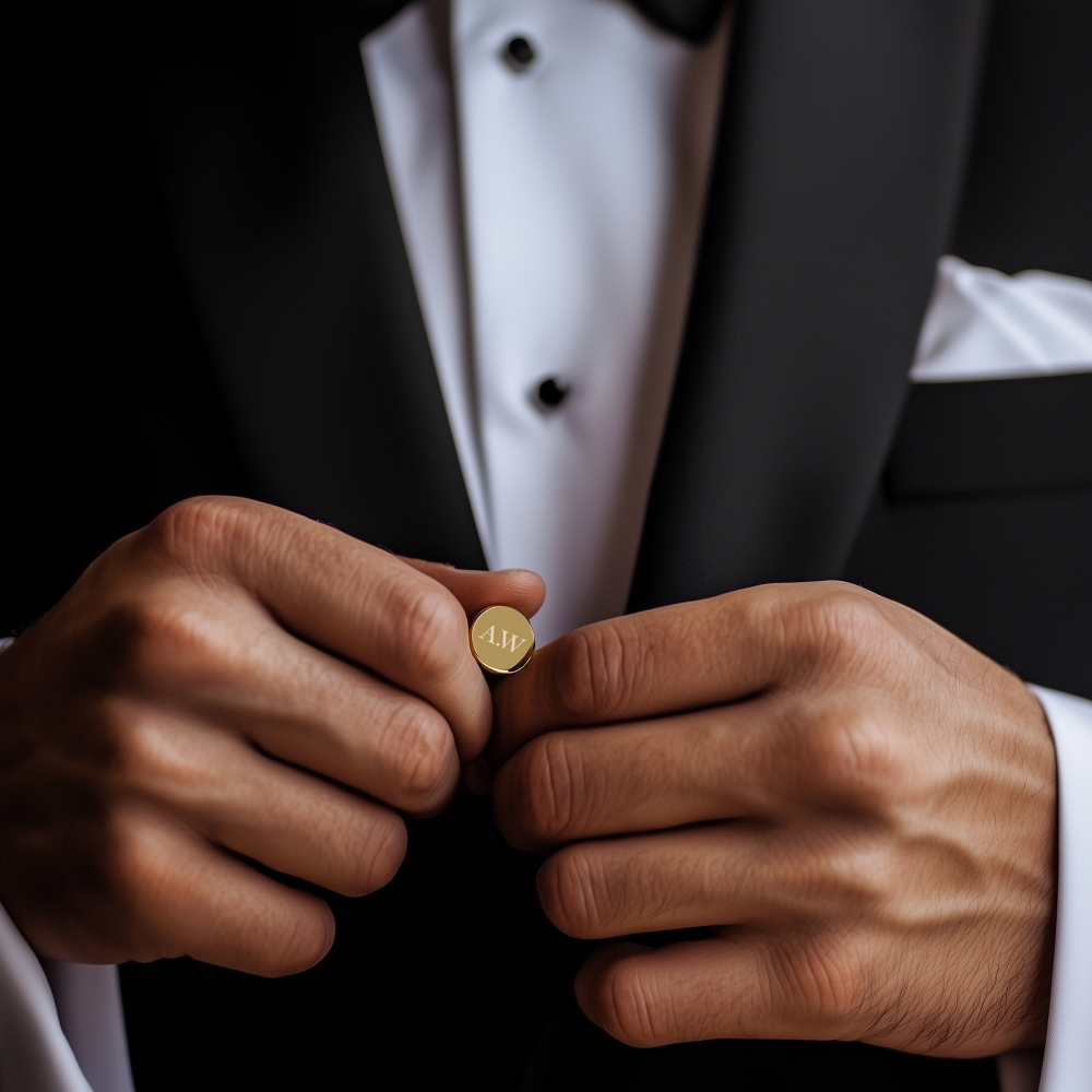 Groom fastening engraved gold cufflink on wedding day wearing tuxedo — perfect wedding gift for groom or groomsmen