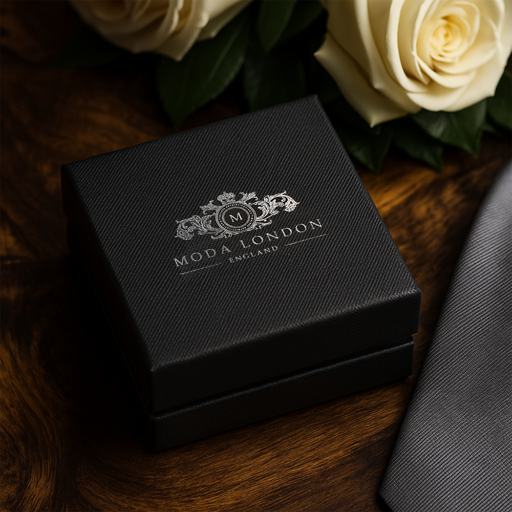 Gold tie clip engraved and styled with wedding card and ivory rose — meaningful detail for the morning of the wedding