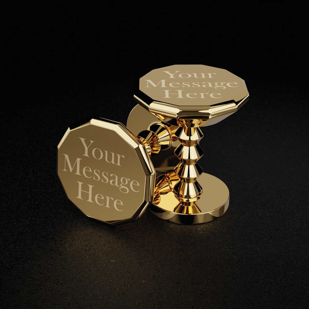 Islington gold cufflinks engraved with personalised message preview on twelve-sided face