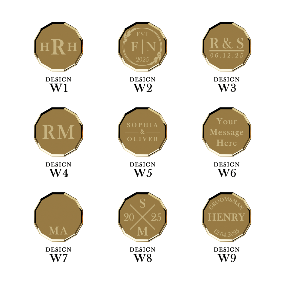 All nine personalised wedding cufflink designs shown on Islington gold twelve-sided profile