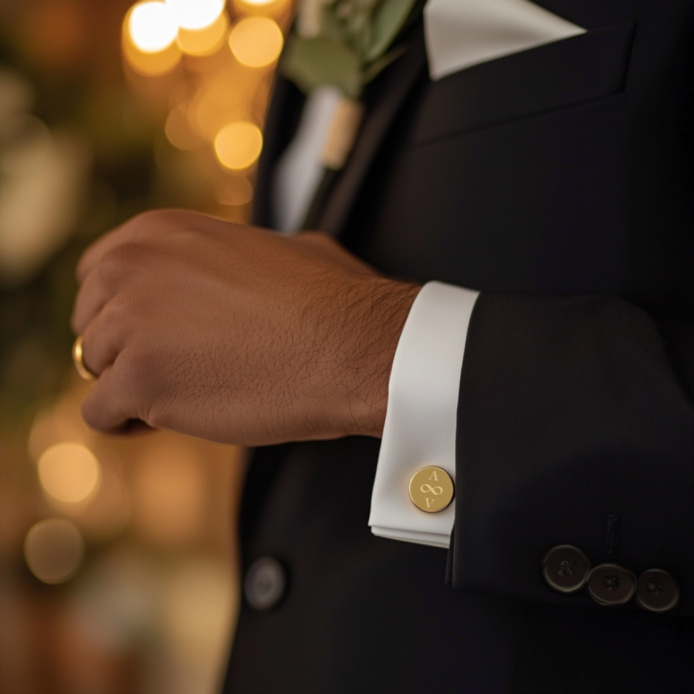 Groom wearing Mayfair gold cufflinks on wedding morning, adjusting sleeve with boutonnière