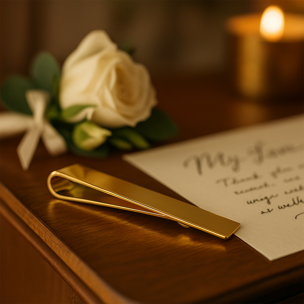 gold tie clip, wedding gift, presentation, flat lay, romantic gifting