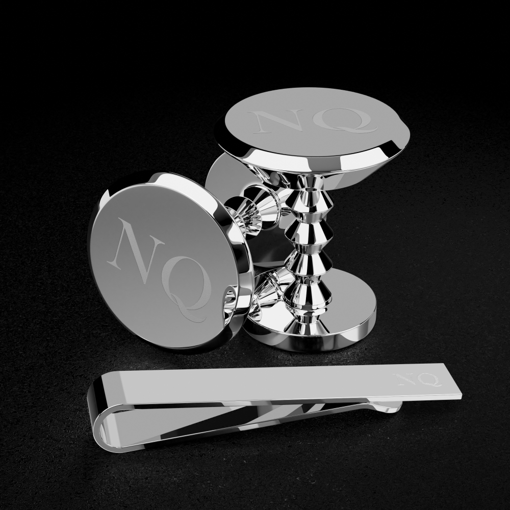 Silver Chelsea cufflink and tie clip wedding gift set with initials NQ, personalised men’s gift