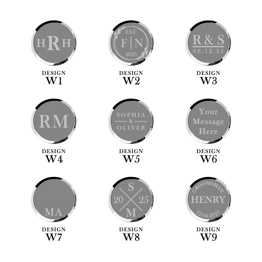 Exclusive Chelsea cufflink engraving options for groomsmen, groom and father of the bride