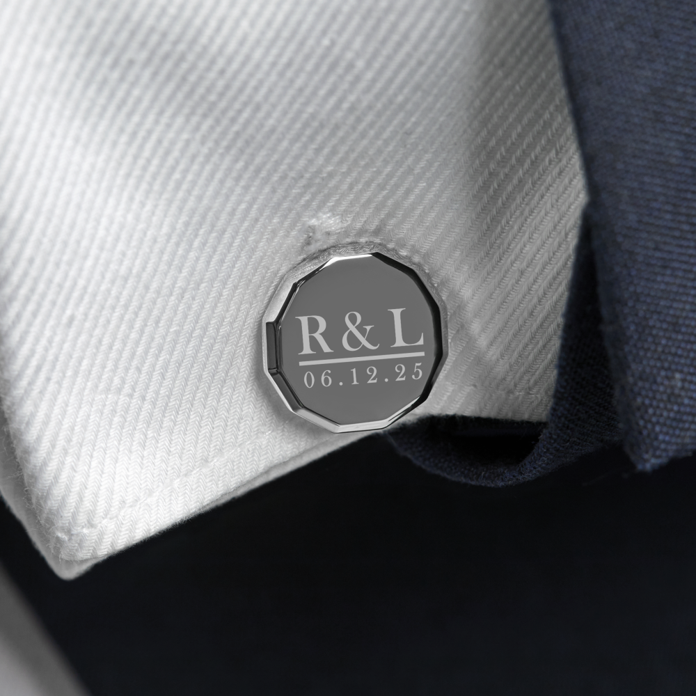 Silver Islington 12-sided cufflinks worn on wedding morning – engraved groom cufflinks in crisp