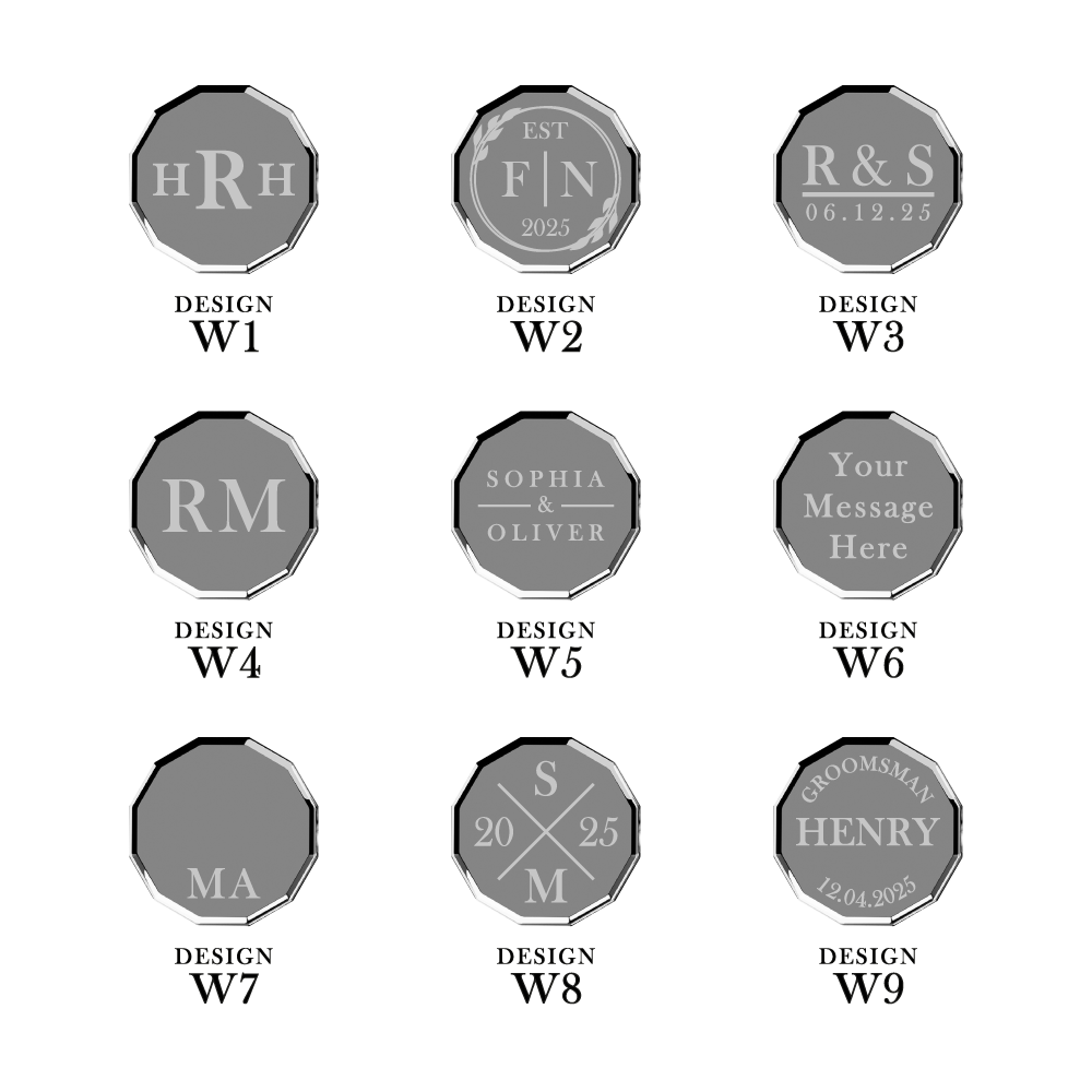 Silver Islington cufflink engraving options for groom, groomsmen, and fathers of the bride – exclusive 12-sided wedding designs