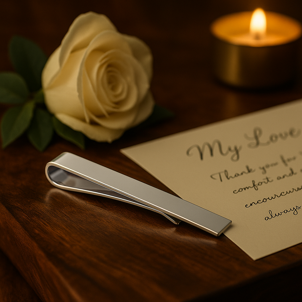 Polished silver tie clip on wood with cream rose, handwritten wedding note, and candlelight