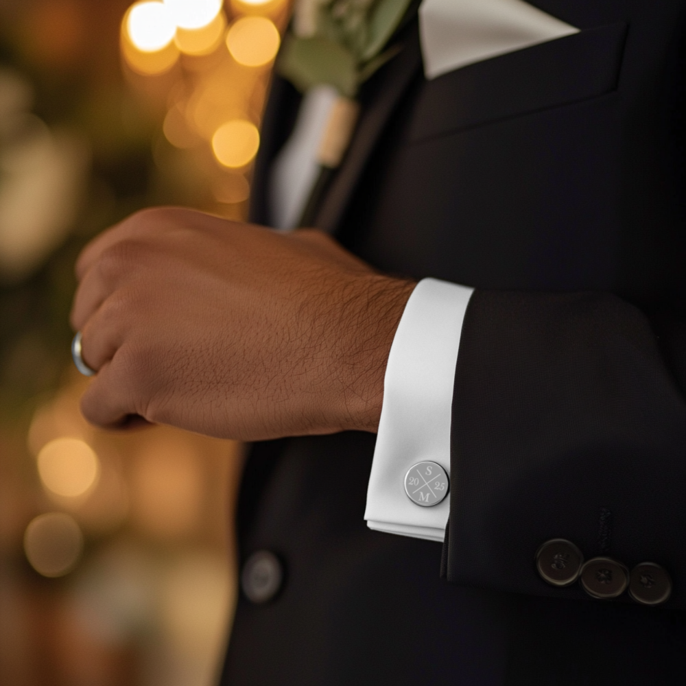 Groom adjusting cuff with personalised silver cufflinks for his wedding day