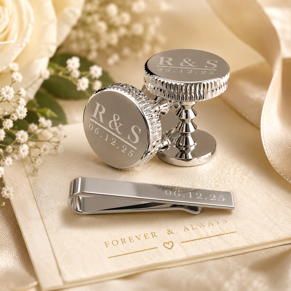 Personalised silver cufflink and tie clip wedding gift set engraved with initials and date #set