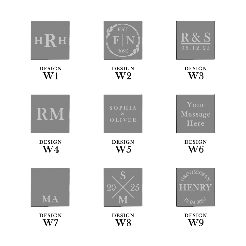 Overview of personalised Silver Richmond cufflink engraving designs for grooms and groomsmen