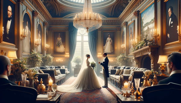 Father of the bride with Moda London cufflinks at a luxurious British wedding venue, sharing a poignant moment with his daughter before the ceremony.