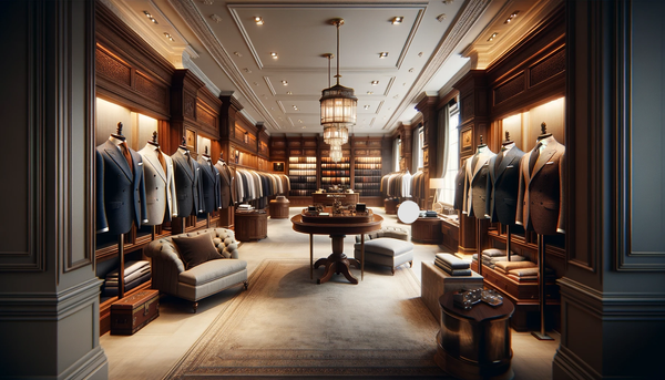Elegant interior of Moda London's Savile Row inspired tailoring shop showcasing a selection of bespoke suits, with classic wood paneling and a sophisticated ambiance.