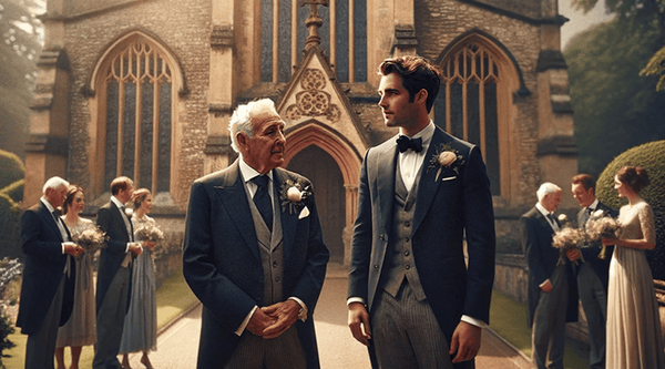 An elegant British wedding scene with groom wearing classic tuxedo and Moda London cufflinks, standing in a historic UK venue with sophisticated decor and floral arrangements, embodying timeless tradition and style.