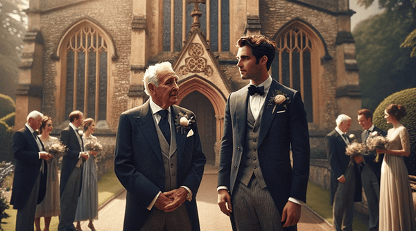 An elegant British wedding scene with groom wearing classic tuxedo and Moda London cufflinks, standing in a historic UK venue with sophisticated decor and floral arrangements, embodying timeless tradition and style.