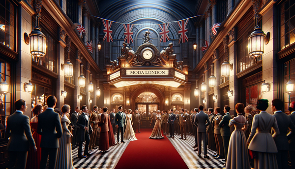 A grand entrance at an upscale event hall adorned with British flags, showcasing elegantly dressed guests in classic tuxedos and evening gowns, symbolizing Moda London's embodiment of British sophistication and timeless fashion for black-tie attire.