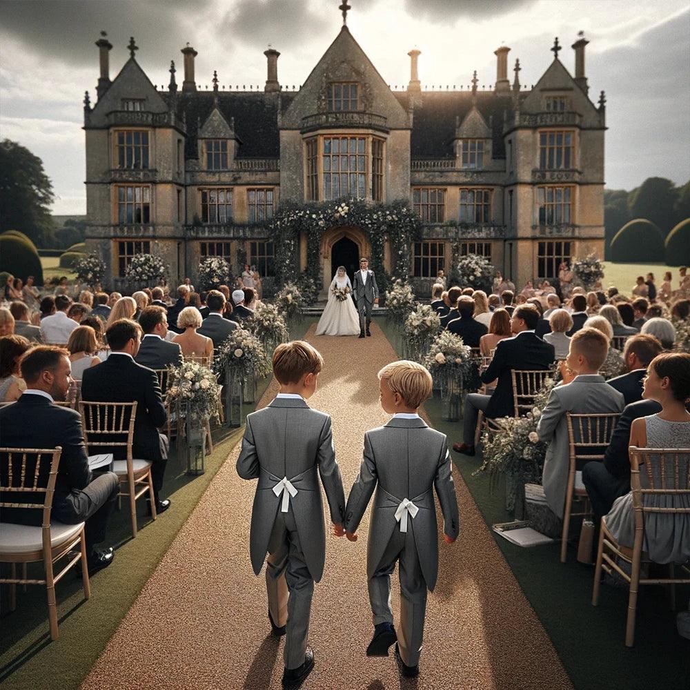Ushers and page boys wearing Moda London cufflinks, showcasing youthful elegance and coordinated style at the wedding ceremony.