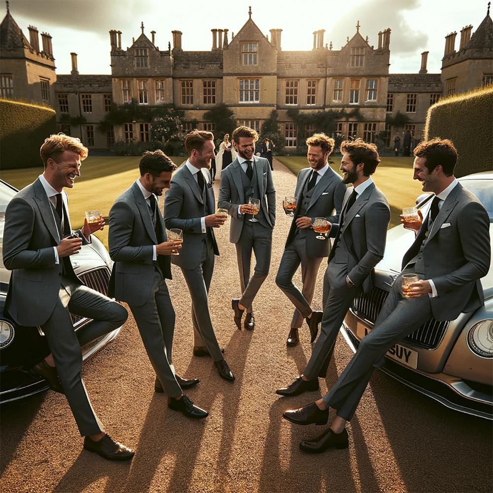 Wedding party adorned with Moda London cufflinks, symbolizing sophistication and unity in style for the special day.