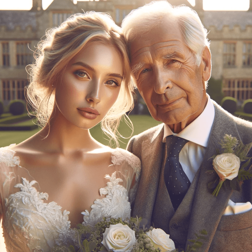 Father of the bride and bride showcasing Moda London's elegance; his cufflinks and her accessory symbolize the classic charm of wedding traditions.