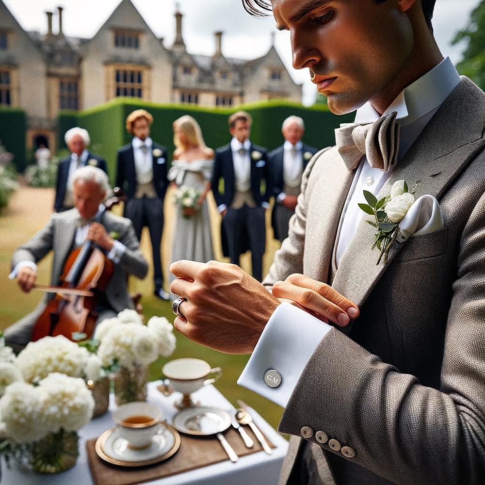 Exquisite Moda London wedding cufflinks on groom's attire, embodying supreme elegance and sophistication for unforgettable moments.