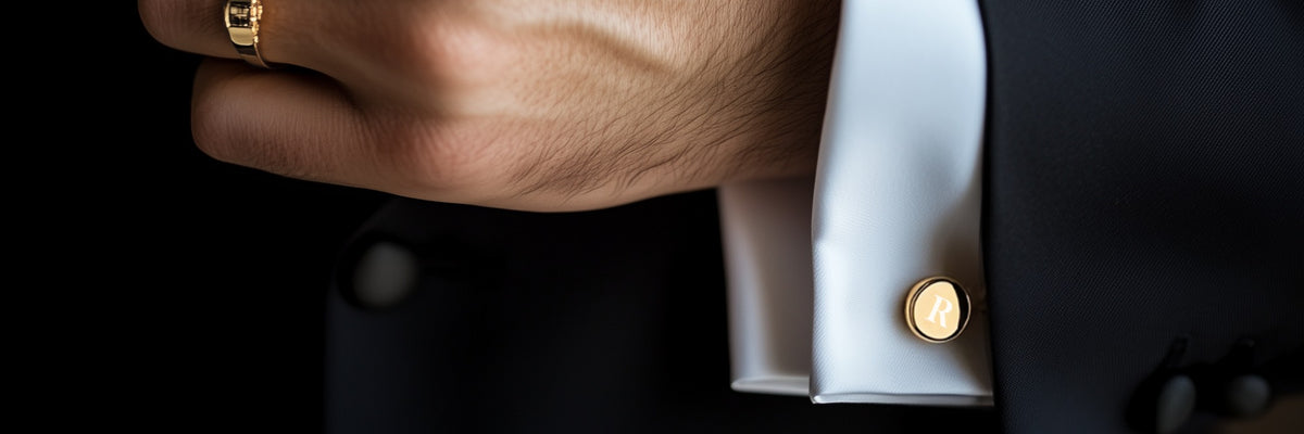 Personalised Christmas gift for him: an engraved gold cufflink worn on a white double cuff with a black dinner jacket