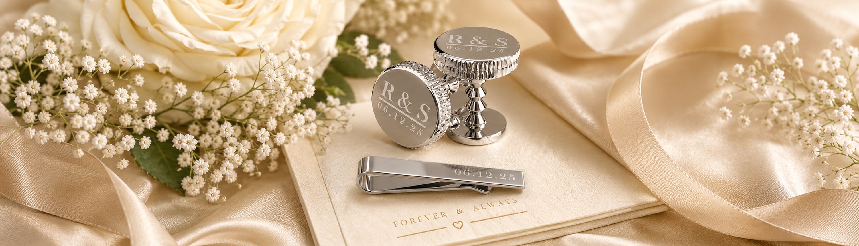 Personalised silver wedding cufflinks and tie clip gift set for the father of the bride and groom, engraved keepsake