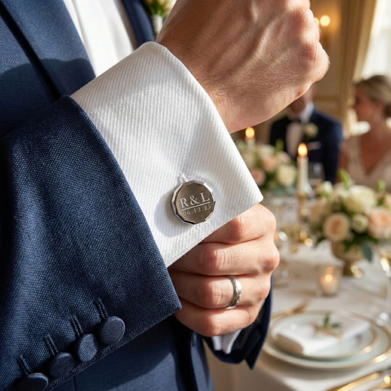 Close-up of a person wearing a suit with R&L silver cufflinks at a formal event. #set #cufflinks