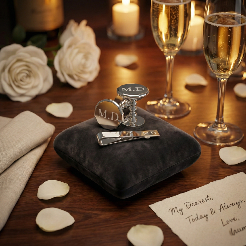 Silver cufflinks with 'M.D.' initials on a black cushion, surrounded by white roses and champagne glasses on a wooden table. #set