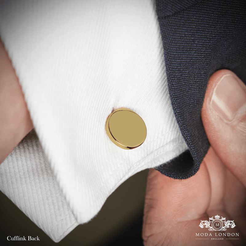 Close-up image of the fixed back of Moda London's gold cufflinks, showcasing intricate craftsmanship and timeless design.
