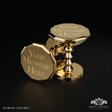 Elegant gold cufflinks for ushers with custom engraving detail.