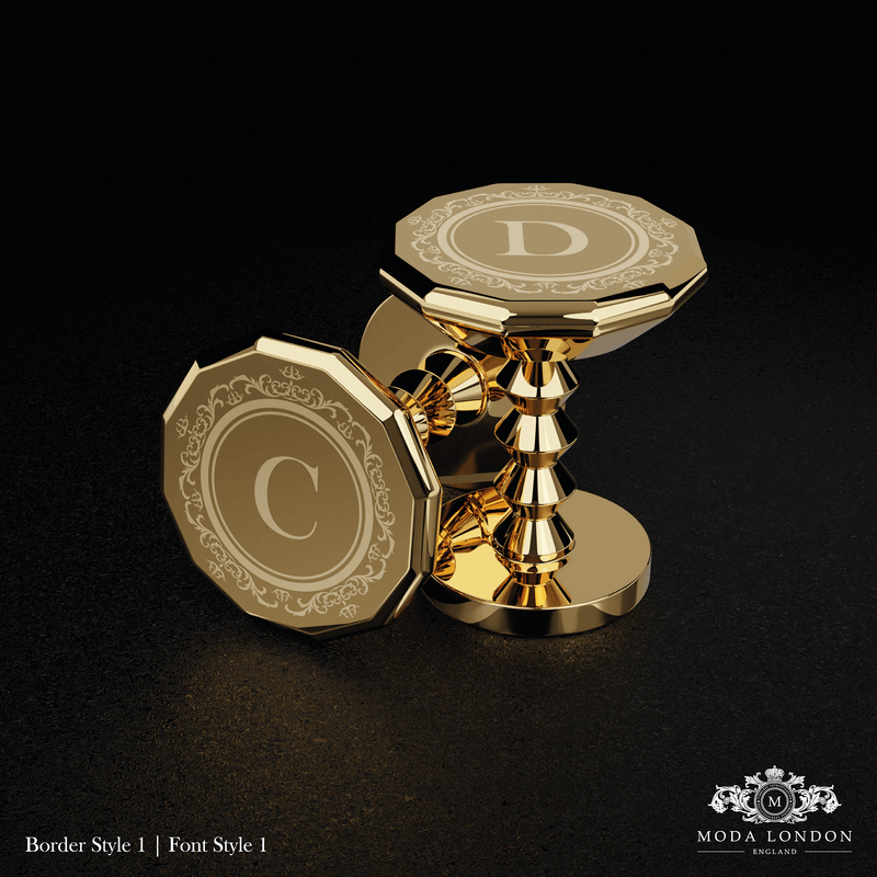 Elegant gold cufflinks with custom engraving options for grooms, showcasing timeless design for a wedding day accessory.
