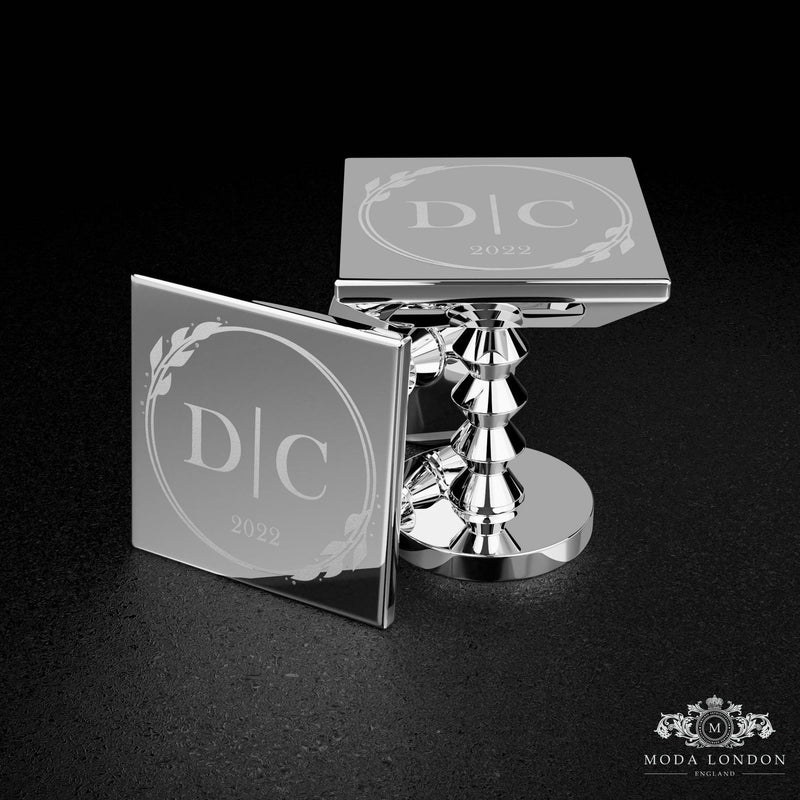 Silver Initial Cufflinks for Ushers - Engraved & Personalised, Classic Men's Wedding Accessory - Moda London