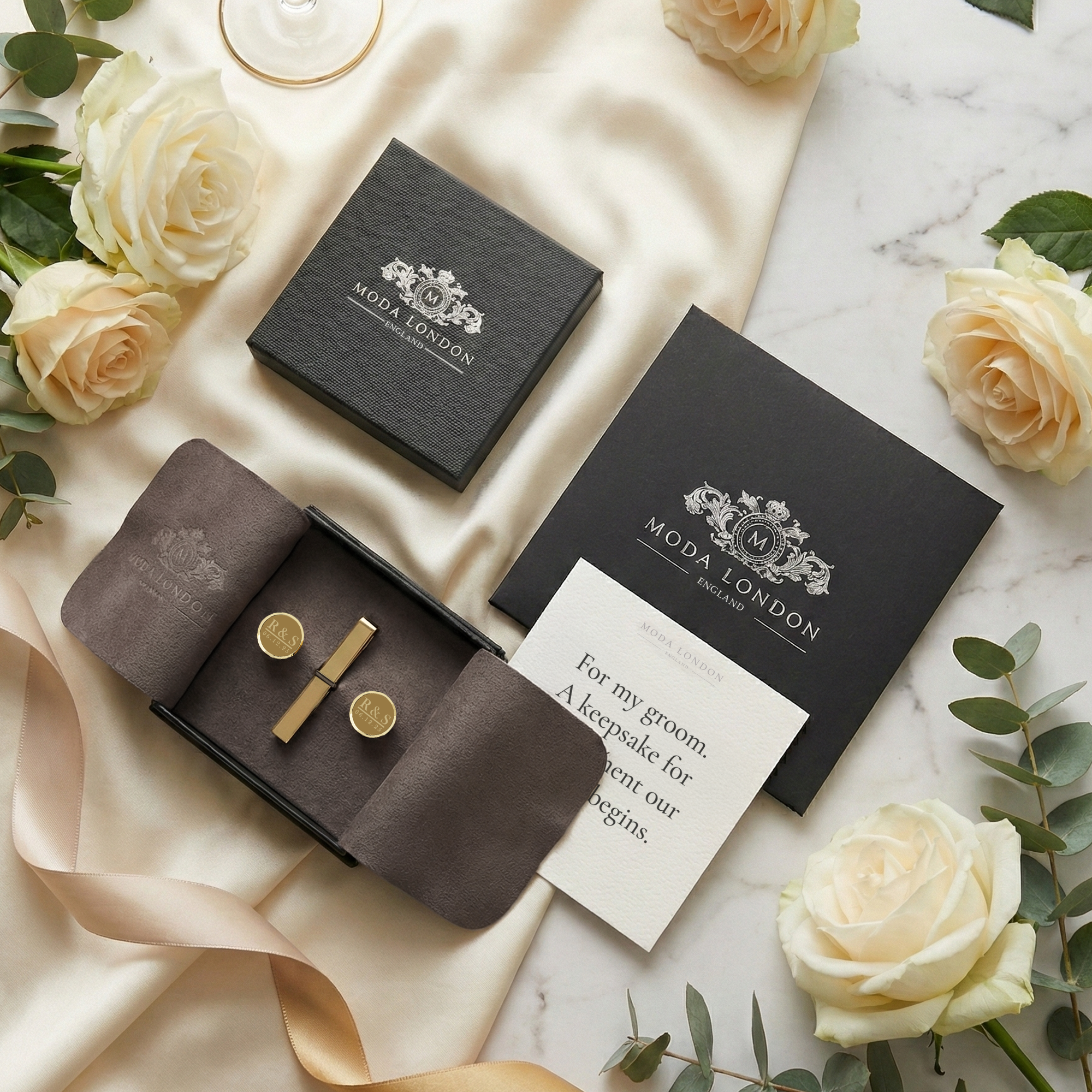 Personalised Gold Cufflink and Tie Clip Gift Set | Wedding Morning Keepsake | Chelsea Design
