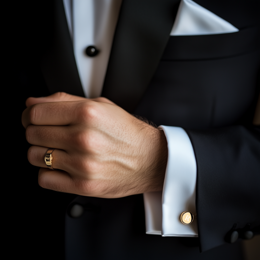 Brompton gold cufflinks worn by groom with black tie wedding suit

