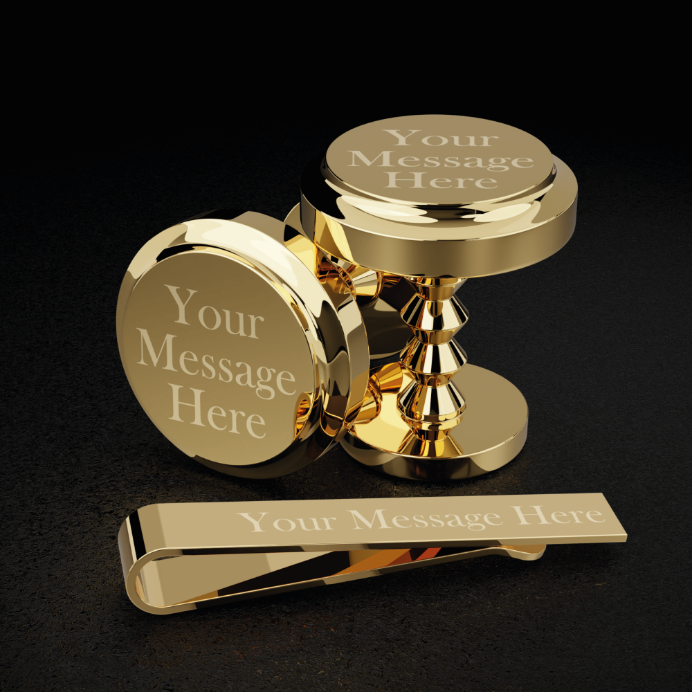 Engraved Brompton cufflinks and tie clip in gold with custom message