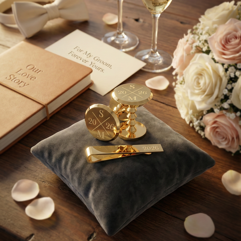 Gold wedding accessories including rings, a tie clip, and a 'Our Love Story' book on a wooden table with flowers and glasses. #set