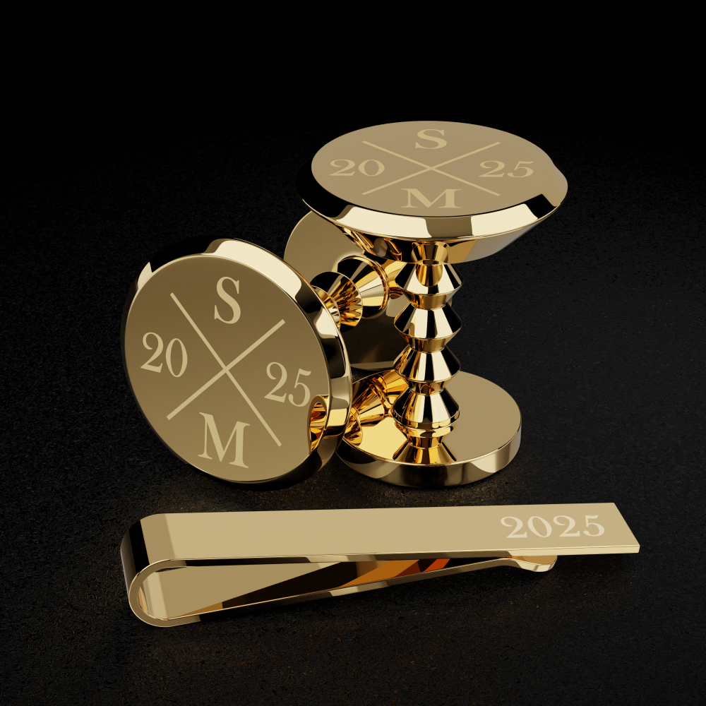 Gold cufflink and tie clip gift set engraved with initials and wedding date — elegant set for groomsmen or groom