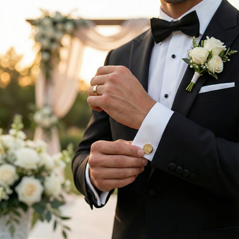 Man in a black tuxedo with a bow tie and boutonniere, adjusting his cuff, with floral decorations in the background. #set #cufflinks
