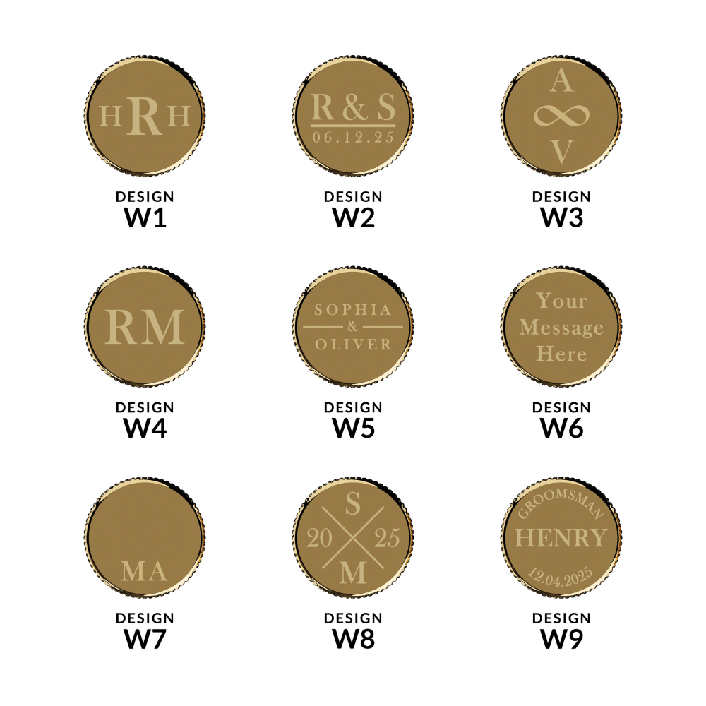Nine exclusive wedding engraving designs shown as chart with clear labels