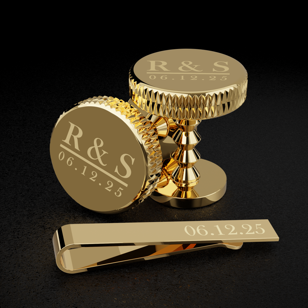Gold Mayfair cufflinks and tie clip wedding gift set shown in presentation layout on soft black background