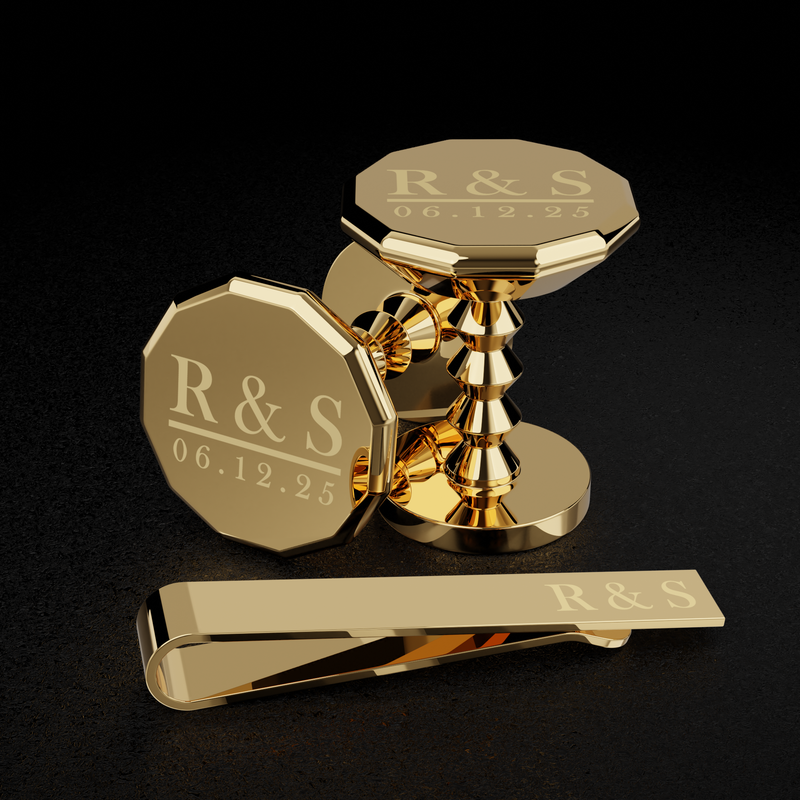Gold cufflinks and tie clip set with 'R&S' engraving on a black background #giftset