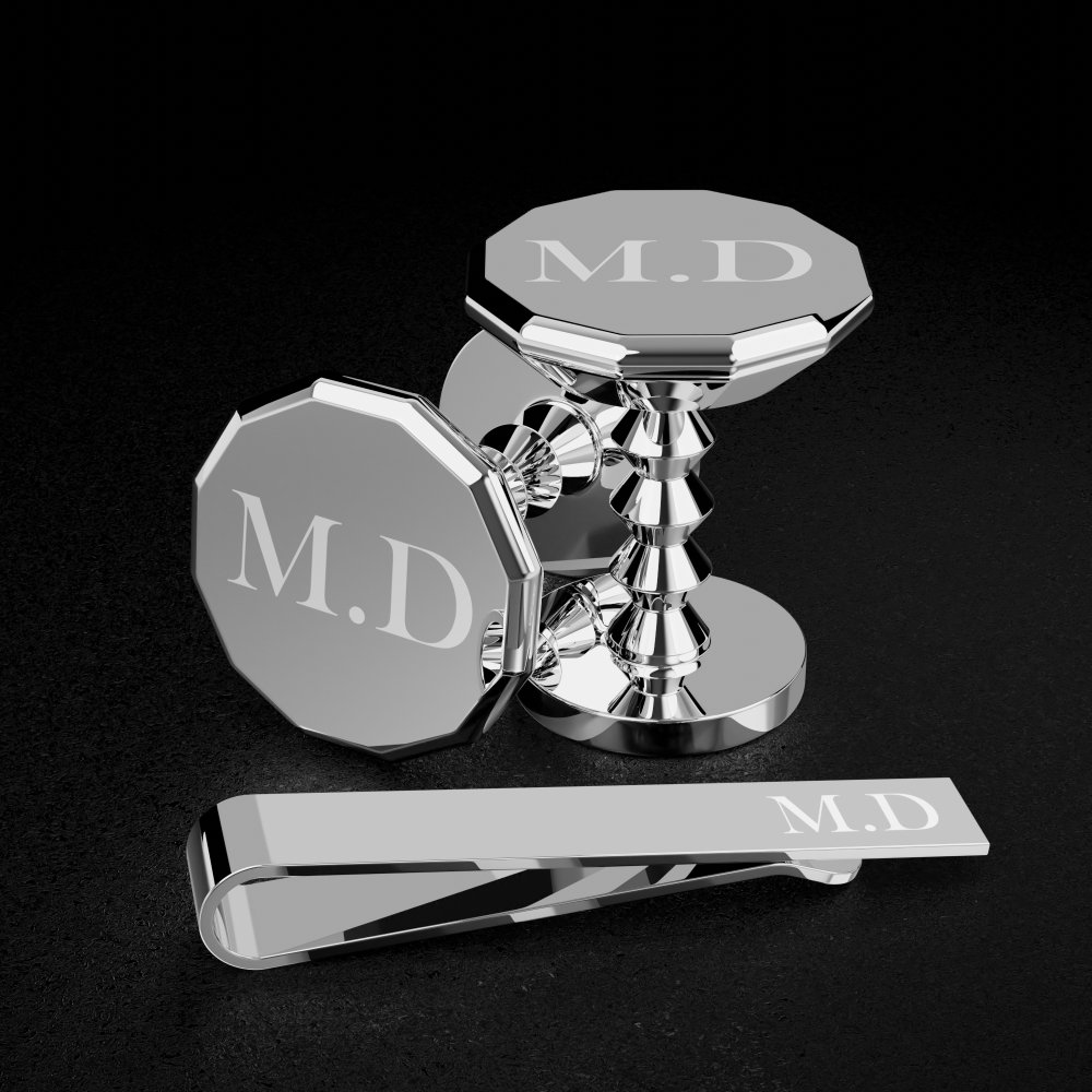 Personalised silver Islington cufflinks and tie clip gift set with engraved initials M.D – perfect groom or groomsman wedding gift