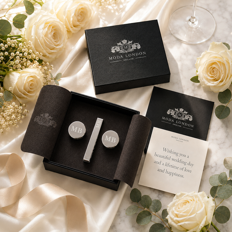 Moda London wedding accessories set with cufflinks, tie clip, and card on a decorative background with flowers. #set