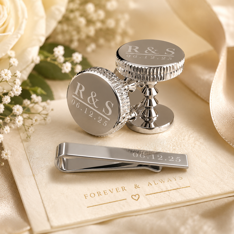 Personalised silver cufflink and tie clip wedding gift set engraved with initials and date #set