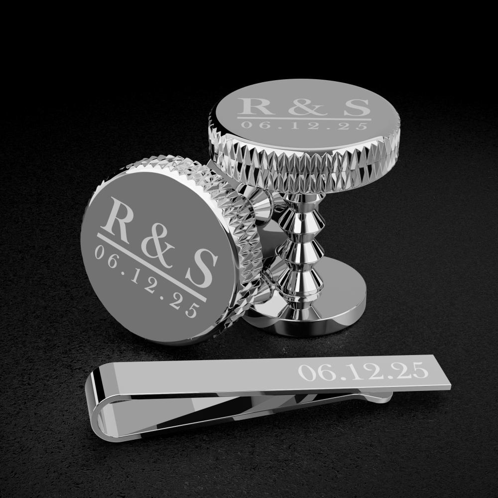 Personalised silver cufflink and tie clip wedding gift set engraved with initials and date