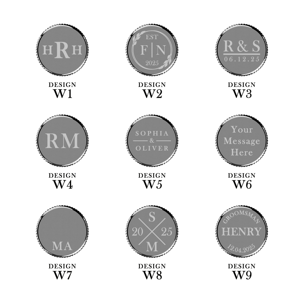 Our exclusive engraving designs for silver Mayfair wedding cufflinks